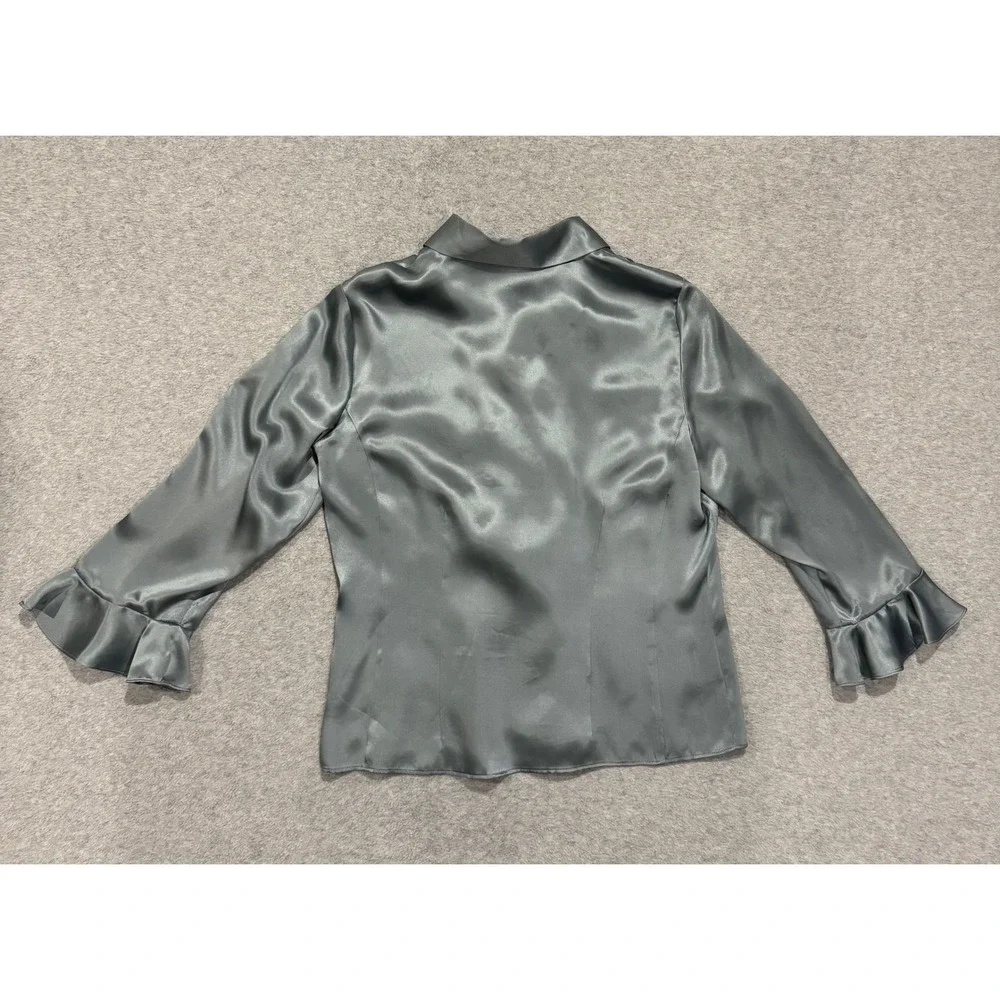 Anne Klein AK Silk Ruffle Front Blouse Dusty Blue‎ Grey Satin Top Size (4)
